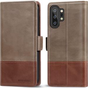 KEZiHOME Genuine Leather Wallet Case for Samsung Galaxy Note 10 Plus 5G with RFID Blocking and Credit Card Slot - Flip Magnetic Stand - Gray/Brown