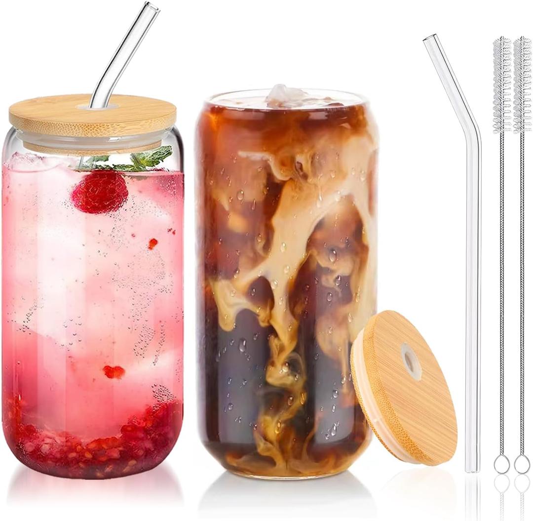 Glass Cups with Lids and Straws 2Pcs,Cute Glass Cups for Iced Coffee Smoothies Whiskey Matcha Mojito Soda, 16 Oz,2 Brush