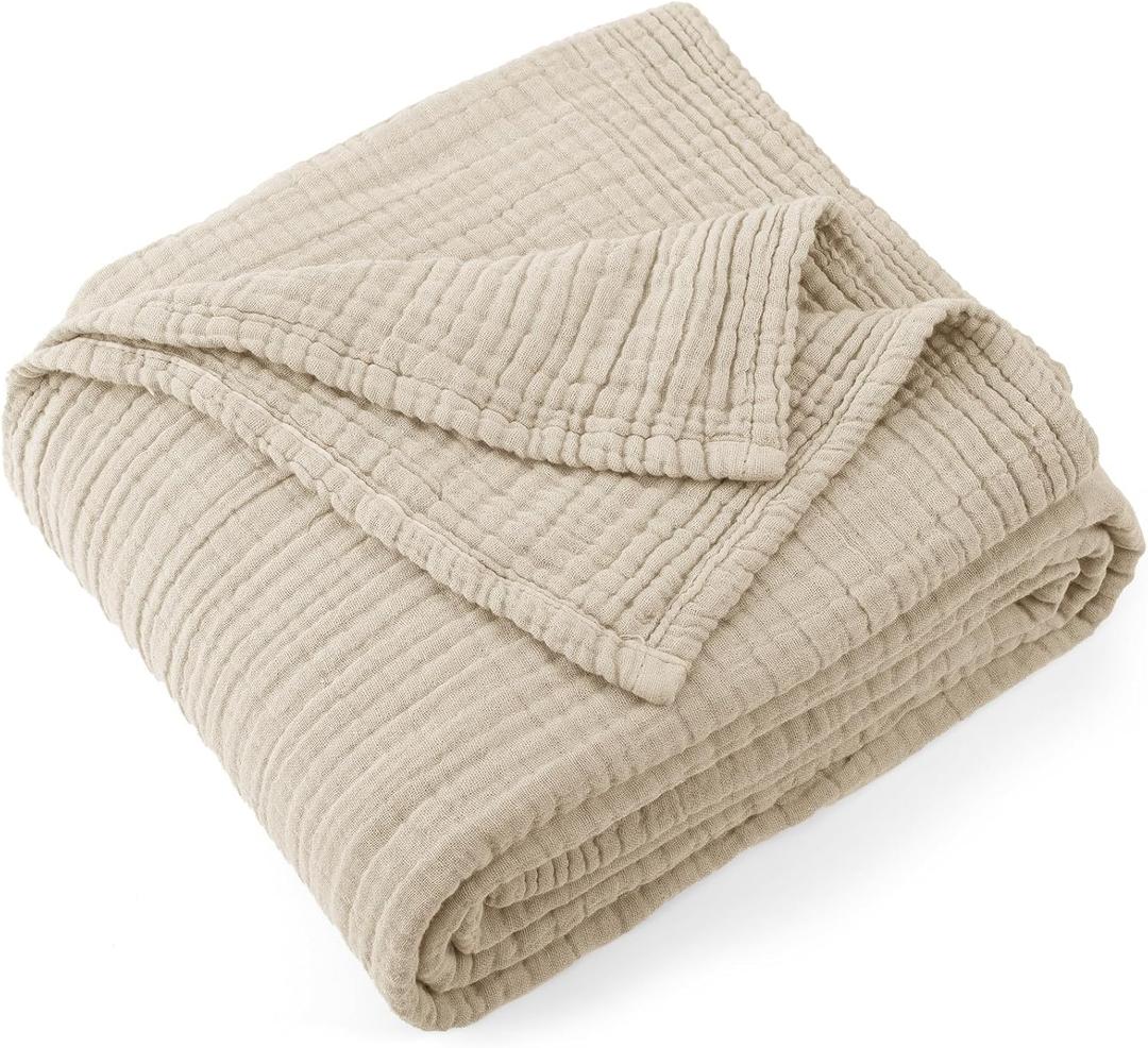 Carriediosa 100% Cotton Muslin Throw Blanket 50" X 70" Throw XL Size4-Layers Summer Gauze Throws for Bed CouchSoft Lightweight Breathable Linen Blankets Bedspread for Adults All SeasonKhaki