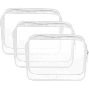 HARFINGTON 3pcs Clear Toiletry Bag Quart Size TSA Approved PVC Makeup Cosmetic Bag for Women Travel Transparent Organizer Airport Airline Compliant, White