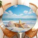 Waterproof Round Tablecloth with Elastic Edge, Fitted Round Table Cover Wipeable Summer Tablecover Fits Tables up to 37”-44“ for Kitchen Picnic Party, Beach Blue Seashell