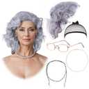 5 Pcs Old Lady Wig Costume Set - Grey Grandma Wig with Wig Cap, Granny Glasses, Eyeglass Chain, Pearl Necklace for Halloween Cosplay Dress Up Party