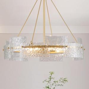 XINGQI Large 8-Light Modern Gold Glass Chandelier 26" Drum Light Fixture Round Water Ripple Pendant Lighting for Dining Room Living Room Kitchen Island Office