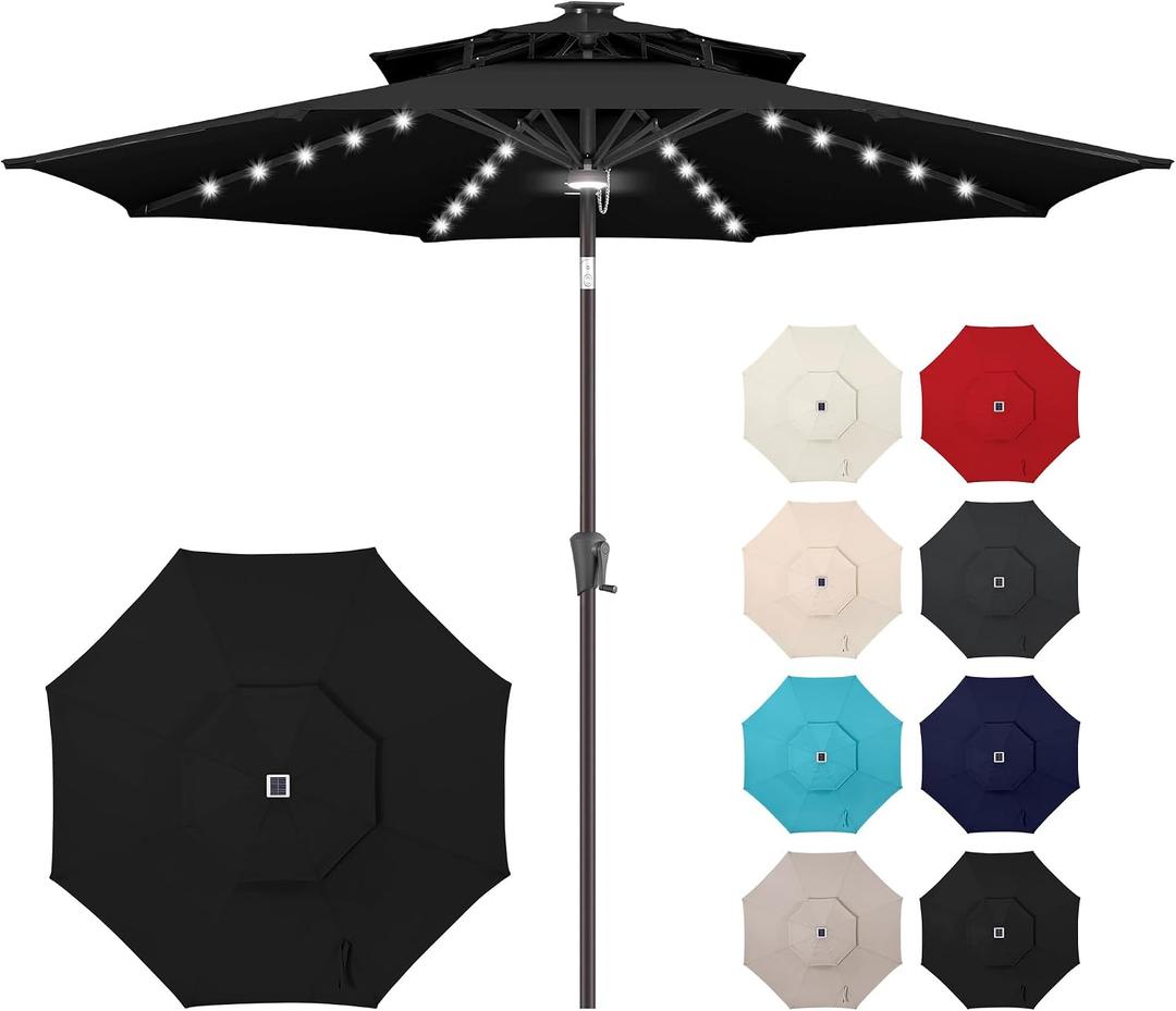 Jarka&Co 9ft Solar Patio Umbrella - 2 Tiers Solar Outdoor Umbrella with 40 LED Lights Waterprool UV Protection, Market Table Umbrella with Tilt for Backyard, Garden, Pool, Porch (Black)