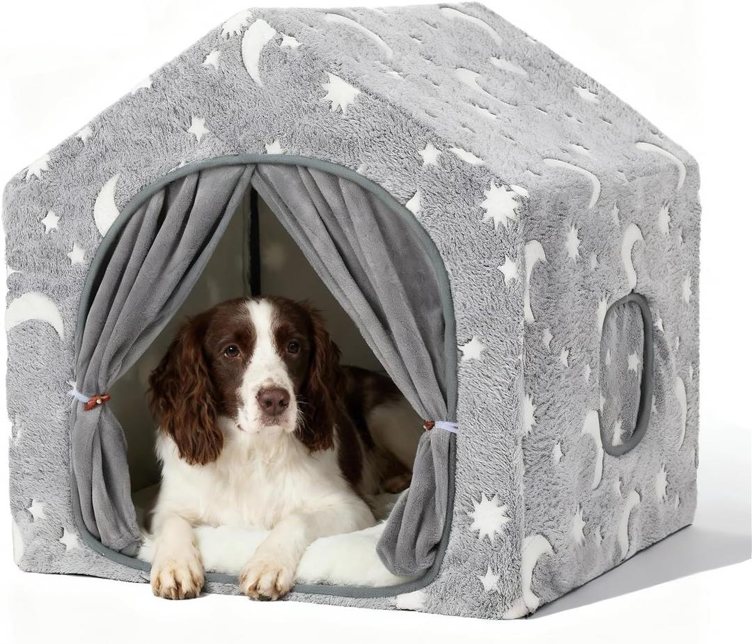Indoor Dog House, Night-Luminous Star Dog Tent with Frame, Washable Dog Cave Bed, Suitable for 18-40 lb Small and Medium Dog (Grey)
