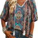 Halife Womens Flowy Boho Summer Tops Tassel Tie Front V Neck Short Sleeve Blouses Dressy Casual Loose Blouse Shirt Top Bohemian (M)