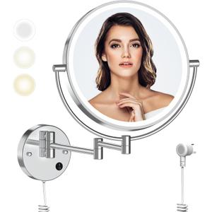 Rocollos 9" Plug-in Wall Mounted Lighted Makeup Mirror 1X/10X Magnification, Super Large Double Sided LED Vanity Mirror for Bathroom, 3 Color Dimmable 360Swivel Extendable Shaving Cosmetic Mirror
