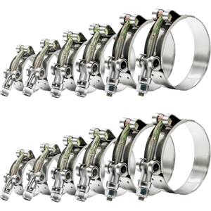12pcs Hose Clamp Set, T-bolt Radiator Heavy Duty Hose Clamps 6 Size 3/4"~ 2" Working Range 28-64mm, 304 Stainless Steel Turbo Intake Soft Hose Intercooler Clamps