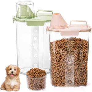 DEAYOU 2 Pack Plastic Cat Dog Food Storage Container, 3 to 5Lbs Airtight Rice Bin with Pour Spout and Measuring Cup, Portable Travel Pet Food Dispenser for Small Animals, Bird Seed, Dry Food, Flour, 
Green, Beige