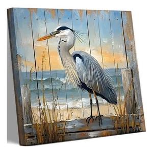 Vintage Canvas Print in the Shape of a Heron, Tropical Nature, Birds