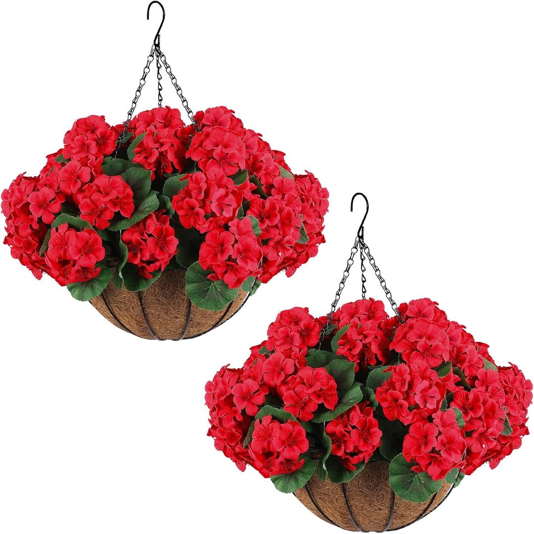 Hananona 2 Set Artificial Red Geraniums Flowers for Outdoors with Hanging Baskets, 2 Hanging Planters with 12 Pcs Red Geranium Flowers for Christmas Front Porch Garden Patio Home Decor (2, Red)