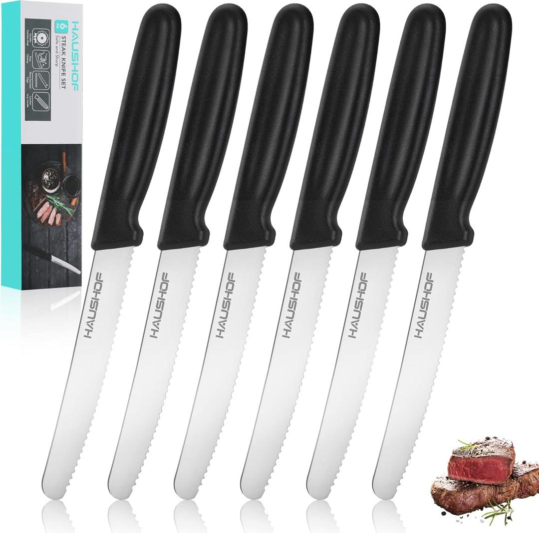 HAUSHOF Steak Knives Set of 6, Serrated Steak Knives, Premium Stainless Steel Steak Knife Set with Gift Box, Black Handle
