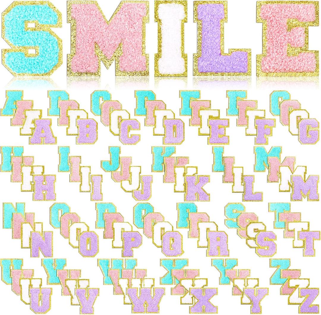 Jutom 104 Pcs Chenille Letter Patches Iron on Letters Patches Self Adhesive Chenille Embroidered Patch for Clothing(Classic,Pink, Sky Blue)