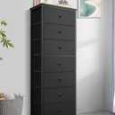 Mifuro Tall Fabric Dresser for Bedroom, Vertical Storage Organizer Tower with 7 Drawers, Chest of Drawers with Bins, Steel Frame, Wood Top for Bedroom, Closet, Entryway Black