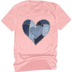 Women's Heart Patchwork Lemon Fruit Printed Summer T Shirt Short Sleeve Crewneck Graphic Tees Tops (Pink, M)