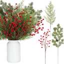 Tigeen 30 Pcs Christmas Artificial Pine Branches with Berry Stems 16 Inch Christmas Greenery Stems with Pinecones Faux Cedar Pine Needles Picks for Xmas Tree Vase Wreath Garland DIY(Red)
