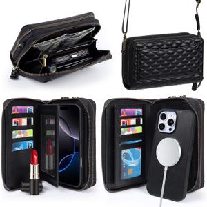 Harryshell Compatible with iPhone 16 Plus Case Wallet Multi Zipper Detachable Removable Cover Purse with RFID Blocking Card Slots Holder Mirror Crossbody Strap (Compatible with Magsafe - Black)