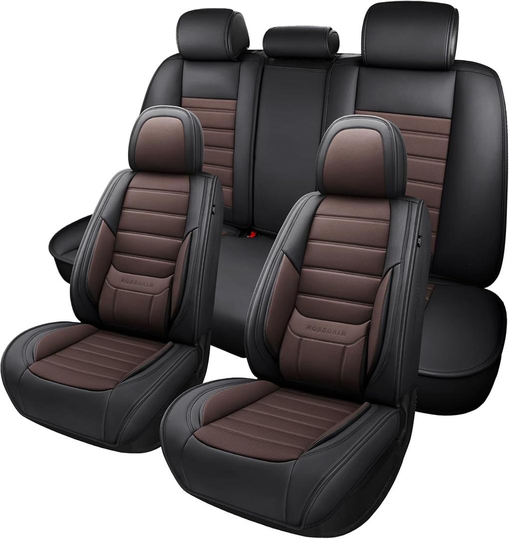 MINGBRON Car Seat Covers Full Set, Brown Car Seat Cover Lumbar Support, Car Seat Protector Waterproof, Nappa Leather Car Seat Cushion, Front Seats and Back Fit for Most Cars