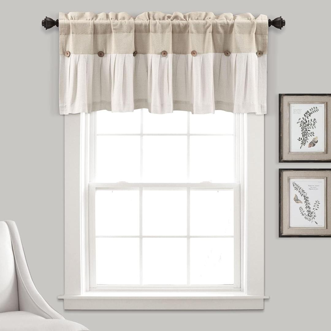 Lush Decor Linen Button Farmhouse Valance Curtians 52"W x 18"L Linen - Linen Valances For Windows - Kitchen Curtains Valances - Bathroom Curtain