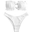 ZAFUL Women's Strapless Bikini Ribbed Tie Back Ruffle Cutout Bandeau Bikini Set Swimsuit (0-White, S)