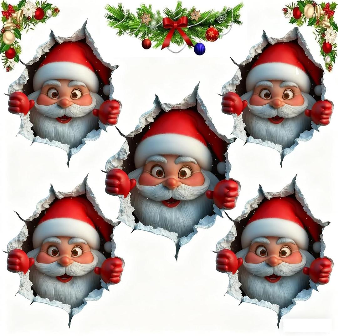 2 x 3D Large Santa Claus Sticker, Creative Peel-and-Stick Santa Claus Breaking Through The Wall Design, Christmas Holiday Cartoon Sticker (5 PCS)