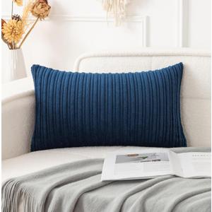 UGASA Velvet Soft Solid Corduroy Striped Decorative Throw Pillow Covers Set Cushion Case for Sofa/Bedroom/Car, 1 Pc, 12x20 Inch, Navy Blue