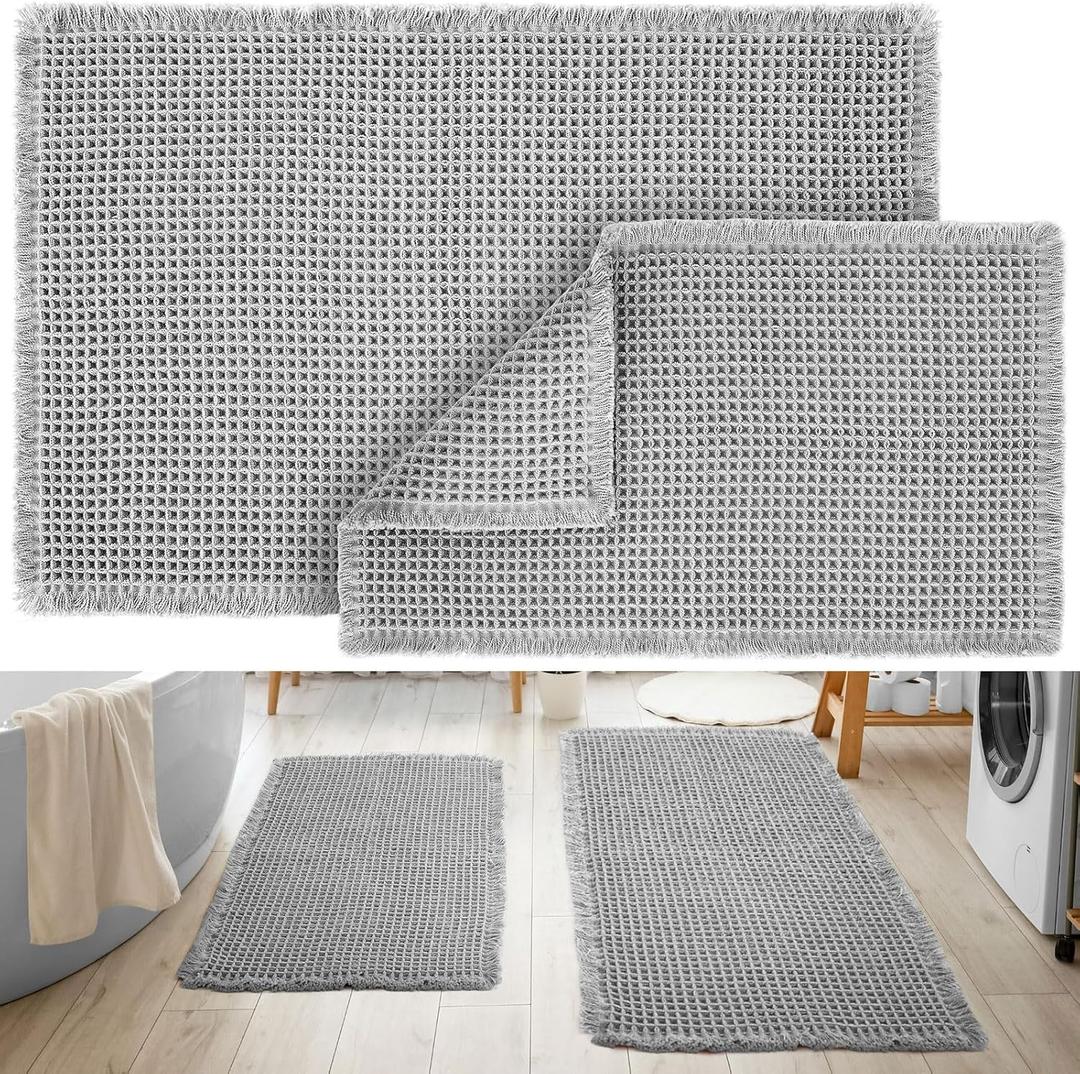 Tinideya Waffle Bathroom Rugs and Mats Sets 2 Pcs Waffle Bath Mat 18 x 30 and 24 x 36 Absorbent Non Slip Machine Washable Bath Rugs(Light Gray)