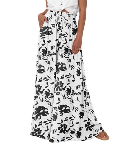 BTFBM Women Casual High Waist Wide Leg Pants 2026 Spring Summer Long Palazzo Pants Pocket Lounge Beach Vacation Clothes(Print Black, Large)
