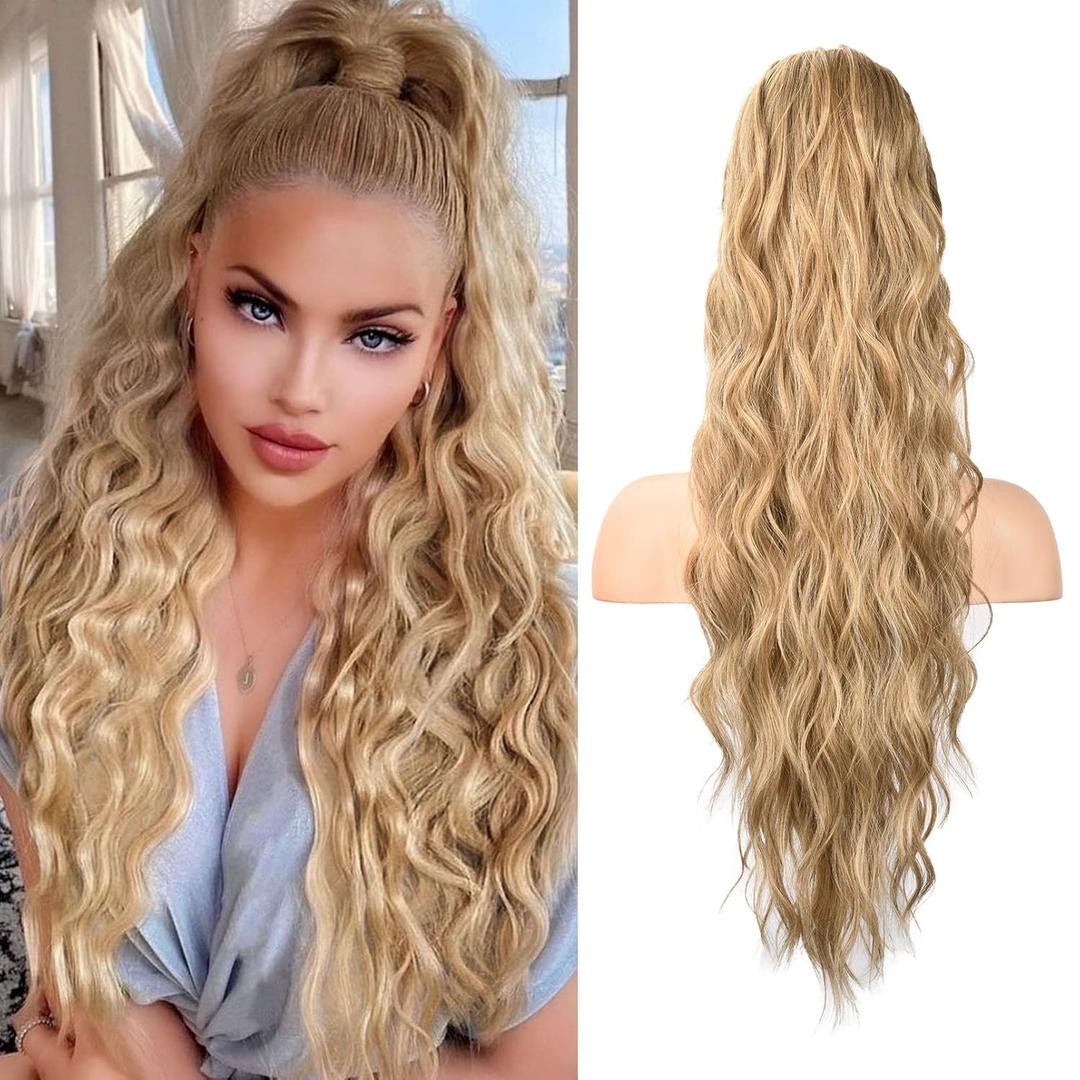 HOOJIH Ponytail Extension, Drawstring Ponytail Hair Extensions 26 Inch Long Curly Wavy Ponytail Natural Wavy Synthetic Hairpiece for Women Daily Use - Golden Blonde