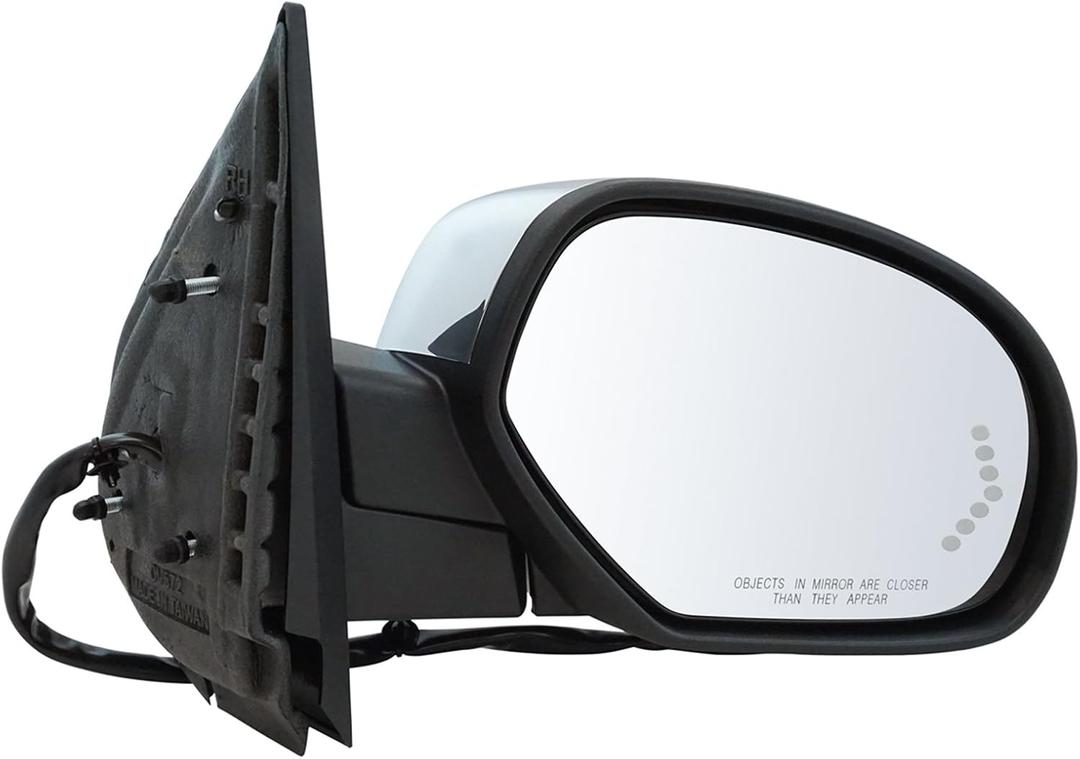TRQ Passenger Side Mirror Assembly Power Heated Memory Turn Signal Puddle Light Chrome Power Folding Compatible with 07-08 Chevrolet Tahoe Off Road Package 07-08 Suburban 1500 2500 Off Road Package