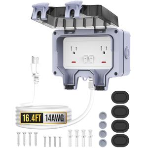 Outdoor Power Outlet Box with 16.4FT Extension Cord, IP66 Waterproof NEMA 5-15R Dual Plug 14 AWG SJTW, Lockable Cover, On/Off Switch & LED Indicator for Garden, Yard, Patio, RV, Pool & Sports Fields