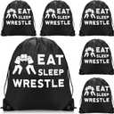 Chunful 6 Pieces Wrestling Drawstring Bag Bulk Wrestling Backpack Sport Cinch Sack Pack Eat Sleep String Bags Black Backpack for Sport Women Men Teens Fans Gym