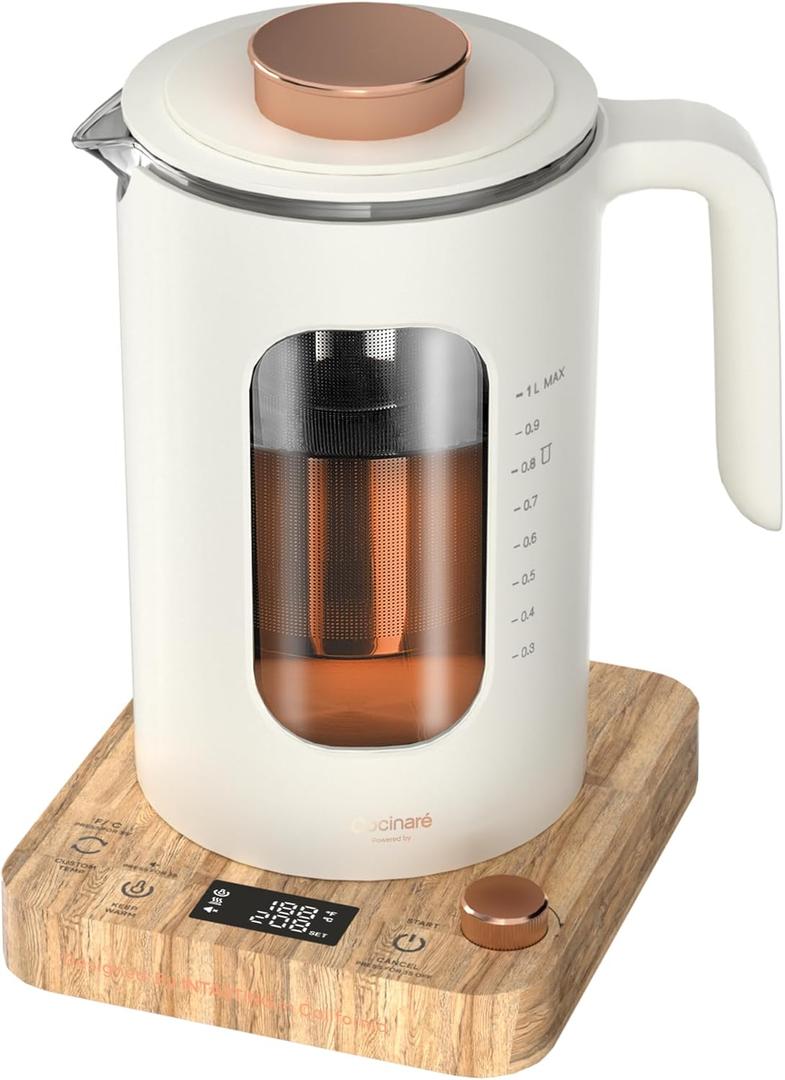 INTASTING Electric Tea Kettle, Electric Kettle with Tea Infuser, 1 Knob Temperature Control, BPA-Free Glass, 1200W Fast Heating, Easy to Clean, 1 Liter (Cream White)