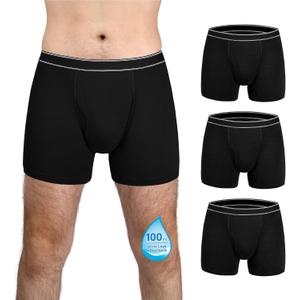 Mens Incontinence Underwear Washable Cotton Incontinence Boxer Briefs with Front Fly 3 Pack(Large, 3 Black)