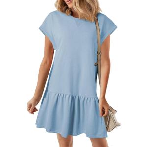 BLENCOT Womens Summer Dresses Casual Cap Sleeve Spring Ruffle Mini Sporty Sweatshirt Trendy Tshirt Dress (Blue)