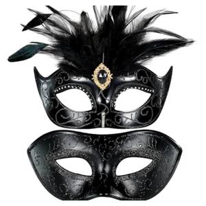 MYSEUNI 2025 Black Masquerade Mask for Couple - Womens Venetian Carnival Mask with Feather- Adjustable Headband for Halloween, Mardi Gras