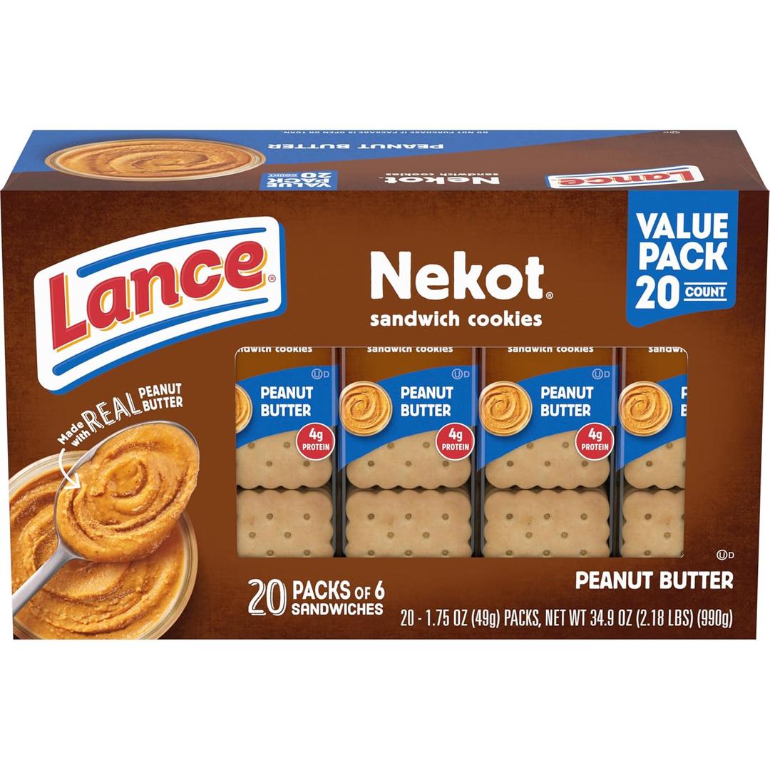 Lance Sandwich Cookies, Nekot Peanut Butter, 20 Individually Wrapped Packs, 6 Sandwiches Each (EXP 09/27/25)
