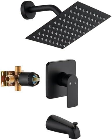 Black Tub Shower Faucet Set Complete with 8-Inch Rainfall Shower Head and Tub Spout Included Shower Valve Tub Shower Trim Kit Matte Black