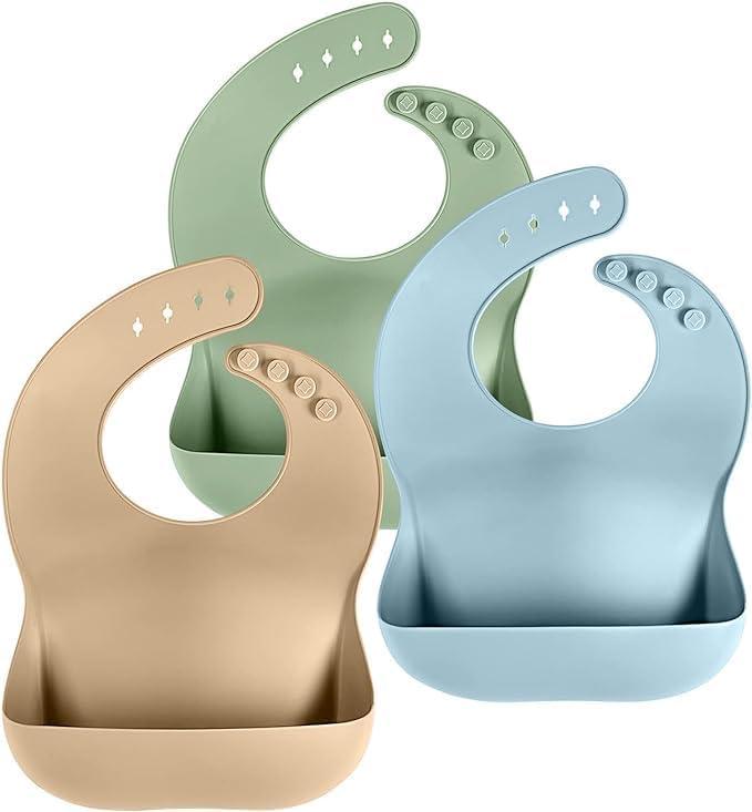 Cuddle Campus Set of 3 Silicone Bibs for Babies & Toddlers,Soft Adjustable Bibs with Pocket Food Catcher for Baby Girl,Boy (Neutral)