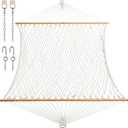 JoyView Traditional Rope Double Hammock - Hand Woven Polyester Hammock with Hardwood Spreader Bar 450lb Capacity for Outdoor Indoor Patio Yard - White