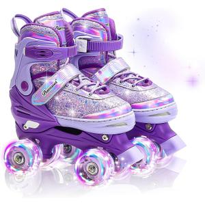 Kids Roller Skates for Girls Boys 4 Size Adjustable Quad Rollerskates with Light Up Wheels for Beginner Children's Birthday Gift patines para nias Outdoor Sports Small (US 10C-13C)
