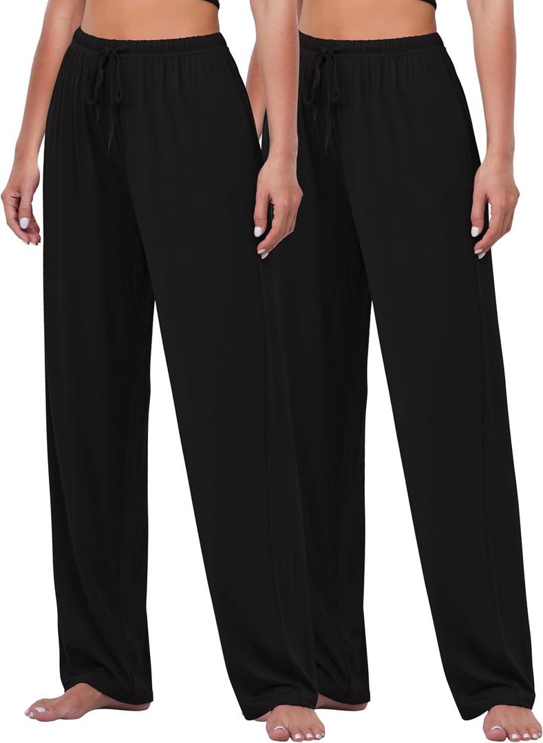 FEQO 2 Pack Women's Lounge Pants Wide Leg Yoga Pants Casual Pajama Bottoms (Black, S)