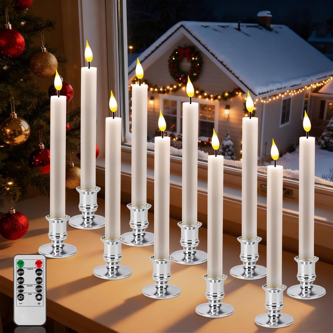Pruk 10-Pack Flameless LED Candles w/Remote, Realistic Flickering Flame, Battery Operated Window Candles, Timer & Dimmer, Weighted Base, 10.8" Tall (Silver)
