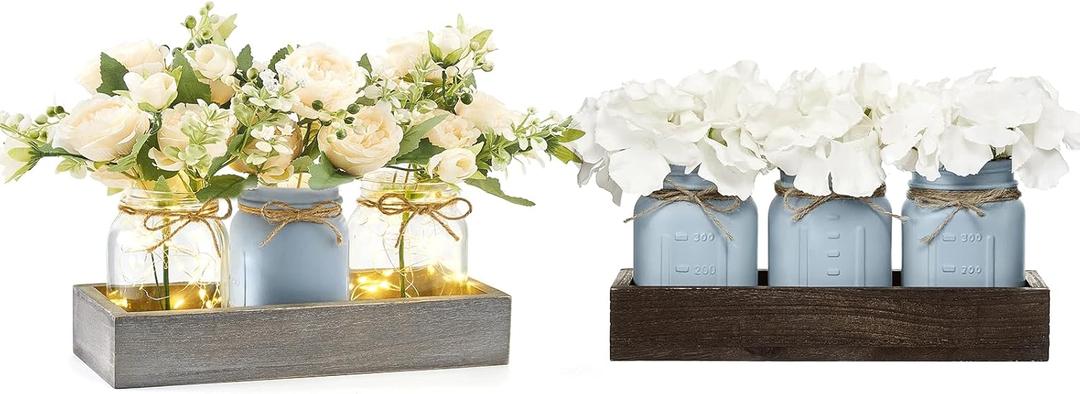 Mkono Mason Jar Coffee Table Decorations Farmhouse Wood Tray with 3 Jars Flowers Fall Table Centerpieces Decor for Kitchen Living Dining Room, Blue