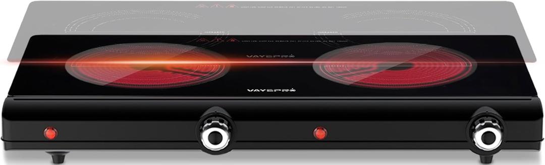 Infrared Double Burner Electric Cooktop - 1800W Portable Stove, Heat-up In Seconds, Countertop Cooktop for Dorm, Compatible with All Cookware (HP202-T5G)