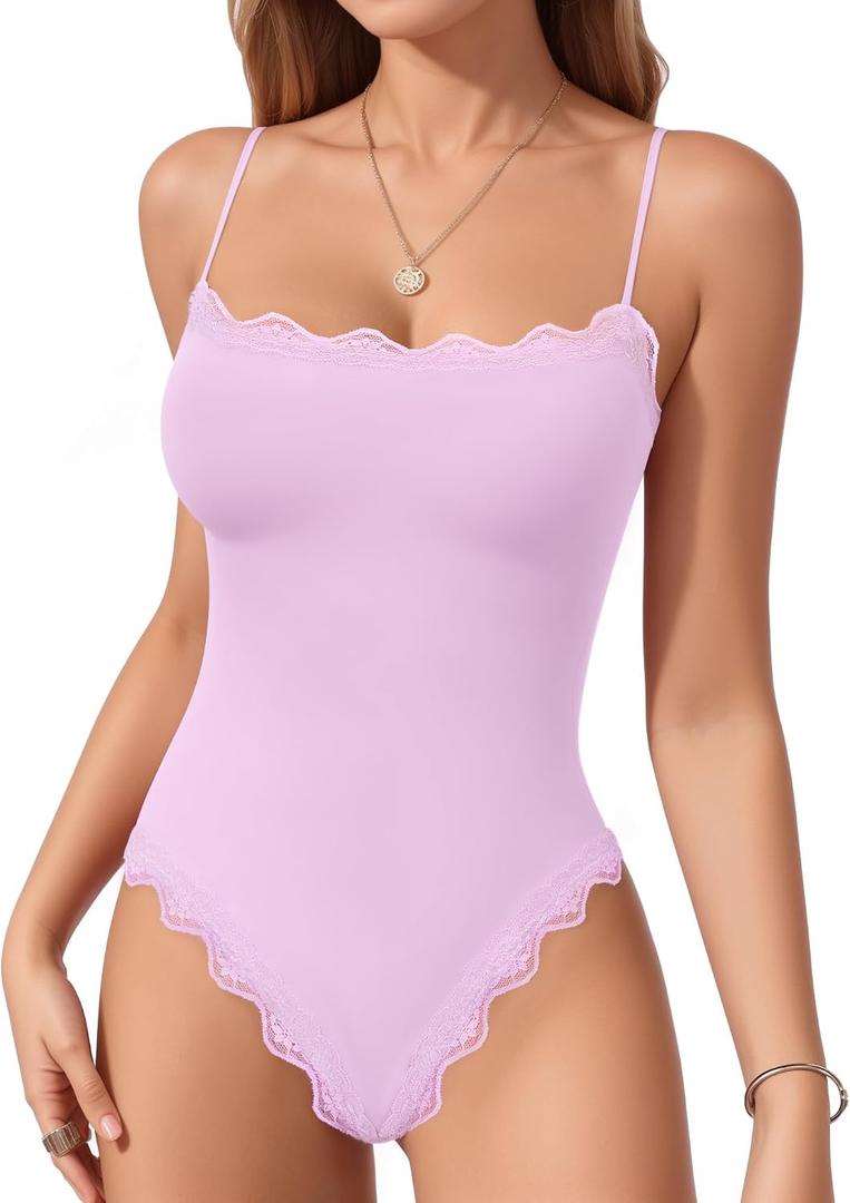 MANGOPOP Women's Lace Cami Thong Bodysuit Double Lined Square Neck Backless Body Suit Adjustable Spaghetti Strap Tank Tops (XL)