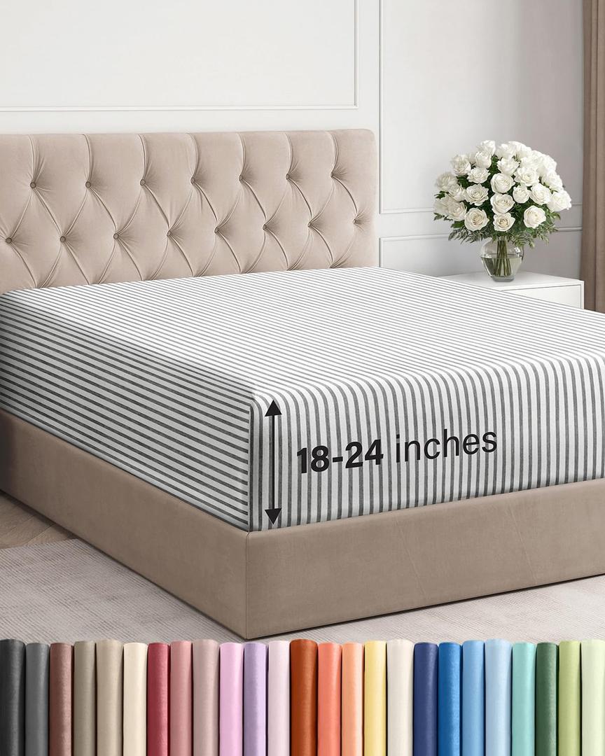Extra Deep Queen Fitted Sheet - Hotel Luxury Single Fitted Sheet Only - Easily Fits 18 inch to 24 inch Mattress - Ultra Soft, Wrinkle Free with Extra Deep Pockets - Breathable & Comfy - Grey Stripes