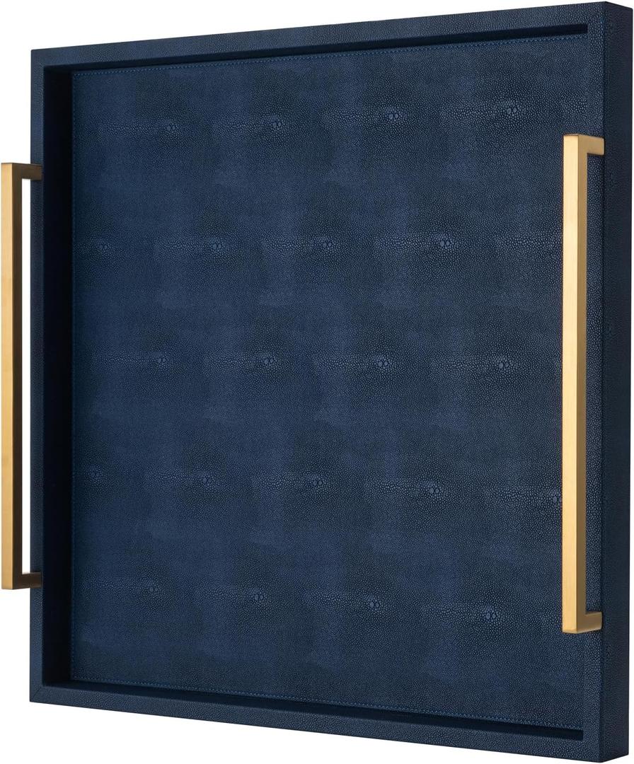 Large Navy Blue Decorative Tray for Ottoman, Stylish Rectangle Coffee Table Tray with Handles,Versatile Serving Tray for Living Room and Home Decor (20" x 20" x 3")