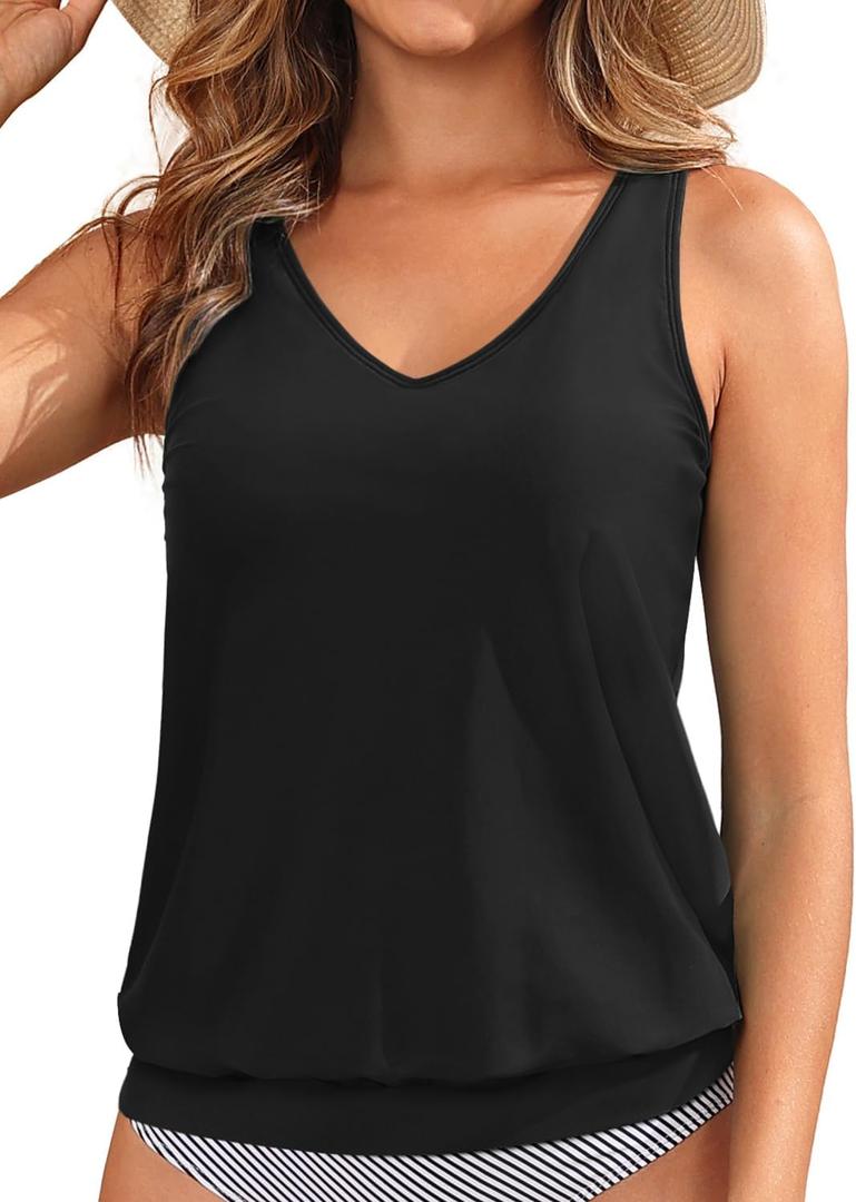 Blouson Tankini Tops for Women - Loose Fit Swim Top Only No Bottom Bathing Suit Modest Swimsuit Top 2025 (Black, M)