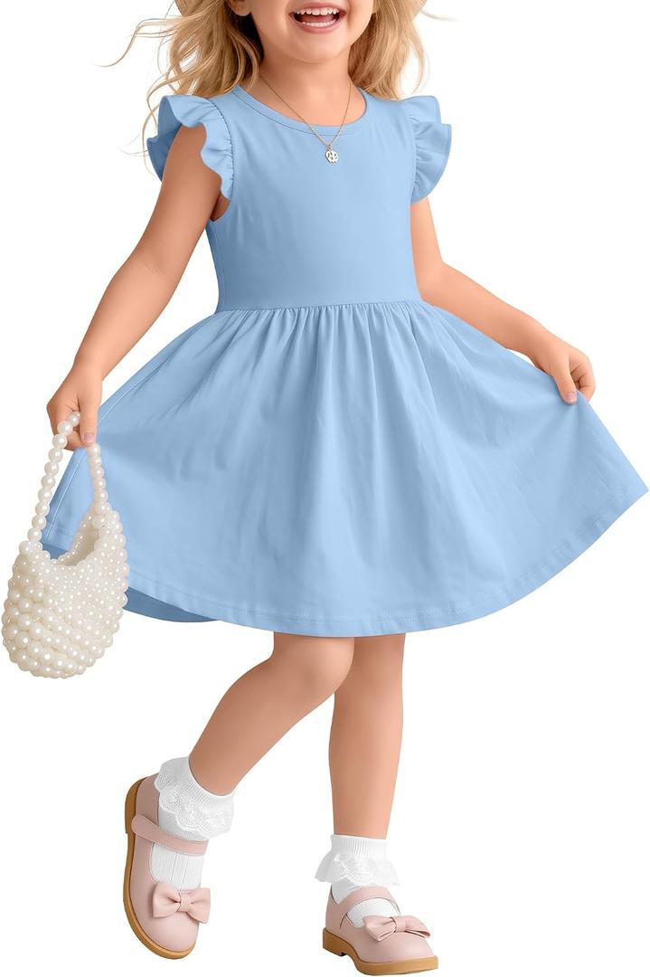 Toddlers Girls Ruffle Sleeve Dress 18M-5T | Kids A Line Swing Sundresses, Little girls Cute Outfits, Back to School Clothes, Summer Wear for Beach Vacation Park Playing